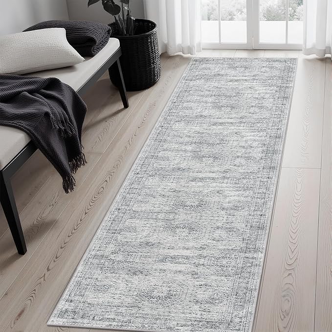 Runner Rug 2'x8' Washable Non-Slip Runner Rugs for Kitchen Bathroom Laundry Room Grey Vintage Floor Carpet Runners for Hallway Entryway