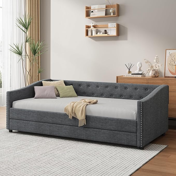 Favfurish Twin Size Daybed with Trundle Upholstered Day Bed Frame with Button Tufted Backrest and Nailhead Decorated Armrest for Living Room Bedroom,No Box Spring Needed,Dark Grey