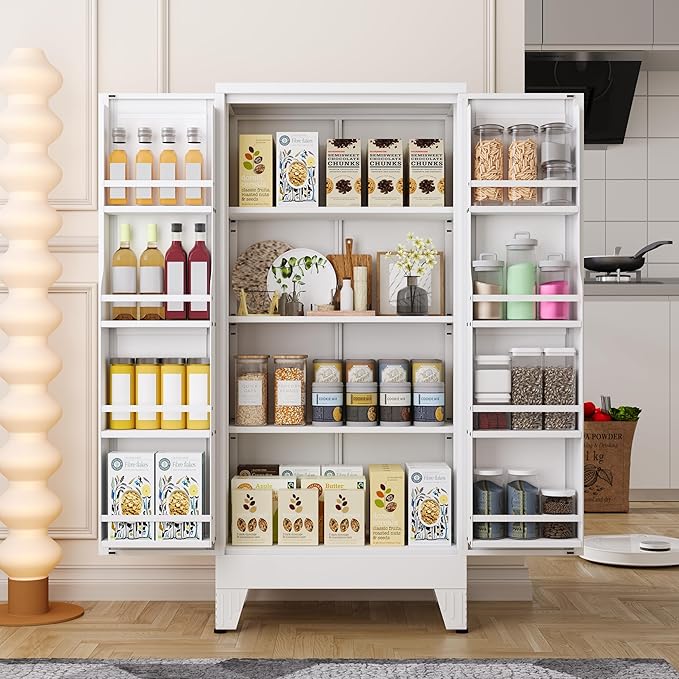 47" Kitchen Pantry Cabinet, Metal Storage Cabinet with 3 Adjustable Layer Shelves, 8 Door Shelves, Buffet Sideboard for Living Room, Kitchen, White