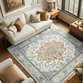 Area Rugs Square 6ft Washable Non-Slip, Floral Vintage Distress Print Pattern Medallion Carpet for Living Room Bedroom Dining Room, Light Yellow Carbon Grey Orange