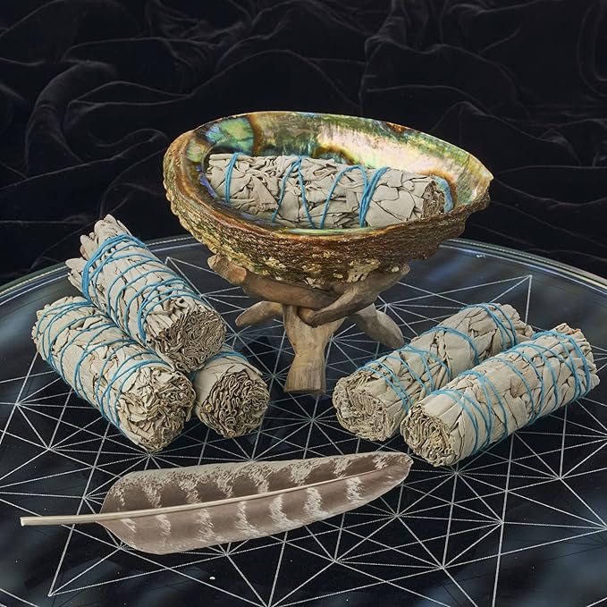 6 White Sage Smudge Kit with Feather + Abalone Shell + Stand + Instructions for Use | Spiritual Use Smoke Cleanse Ceremony Sage Bundle Smudging Kit (6 Sage Smudge Kit)