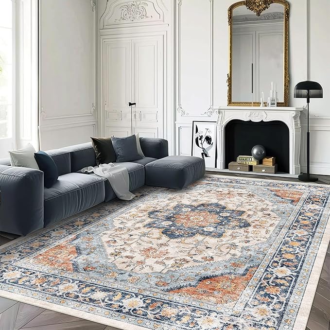 vivorug 3x5 Rug, Boho Small Area Rug for Living Room, Bedroom, Kitchen, Machine Washable Non-Slip Throw Rug, Vintage Floral Carpet for Entryway Nursery Coffee Table - Durable (Orange/Navy)