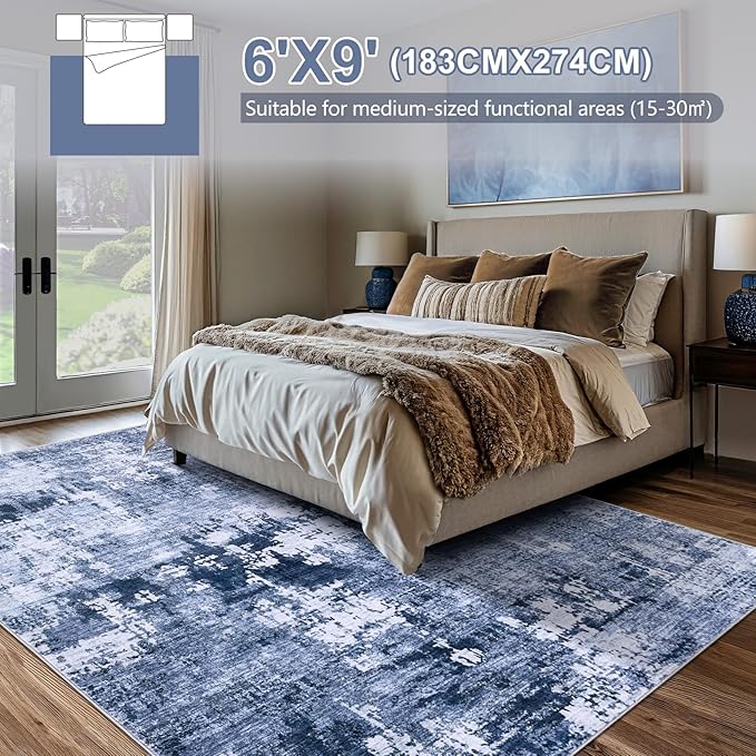 Area Rug Living Room Rugs - 6x9 Washable Large Soft Indoor Neutral Modern Abstract Low Pile Rug Carpet for Bedroom Dining Room Farmhouse Home Office - Navy Blue