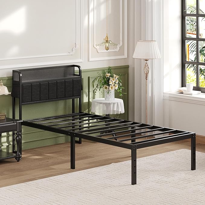 16 Inch Twin Bed Frames with Upholstered Storage Headboard, Sturdy Single Bed Frame, No Box Spring Needed Twin Platform, Black