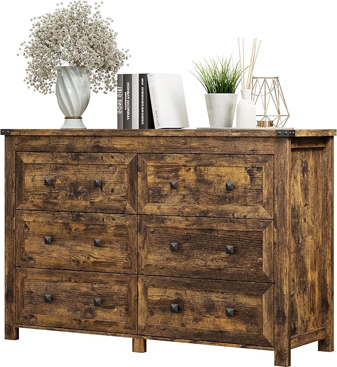 Dresser for Bedroom with 6 Drawers, Farmhouse Wood Chest of Drawers, Wide TV Stand Closet Storage Furniture with Metal Handle, Modern Clothes Organizer for Hallway, Living Room, Entryway, Brown