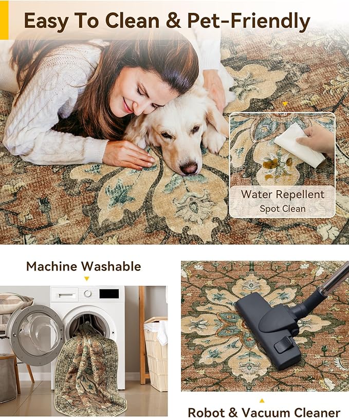 Area Rugs 5ft Washable Non-Slip, Floral Vintage Distress Print Pattern Medallion Carpet for Living Room Bedroom Dining Room, Brick Red Rust Neutral Brown Burnt Orange