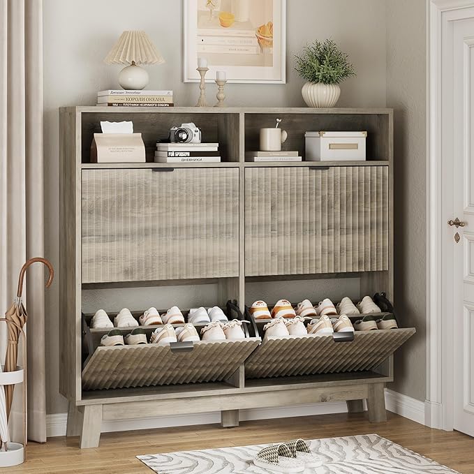 Shoe Cabinet with 4 Flip Drawers, 46" Tall Narrow Fluted Shoe Storage Organizer for Entryway, Hidden Slim Wooden Shoe Rack Cabinet for Front Door Entrance, Hallway, Living Room, Light Grey