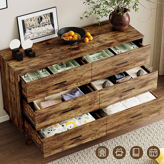 Dresser for Bedroom with 6-Drawer, 47.3" Modern Chest of Drawers with Metal Handles, X-Shape Base & Adjustable Center Leg, Anti-Tip Closet Organizers and Storage