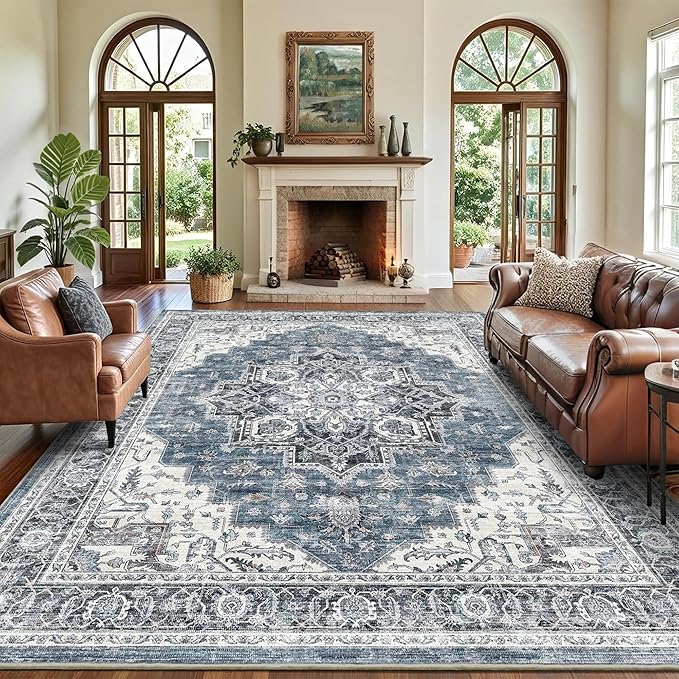 9x12 Large Area Rugs for Living Room Ultra-Soft Washable Rug Vintage Distressed Non-Slip Low Pile Stain Resistant Carpet for Bedroom Dining Room Kitchen Office