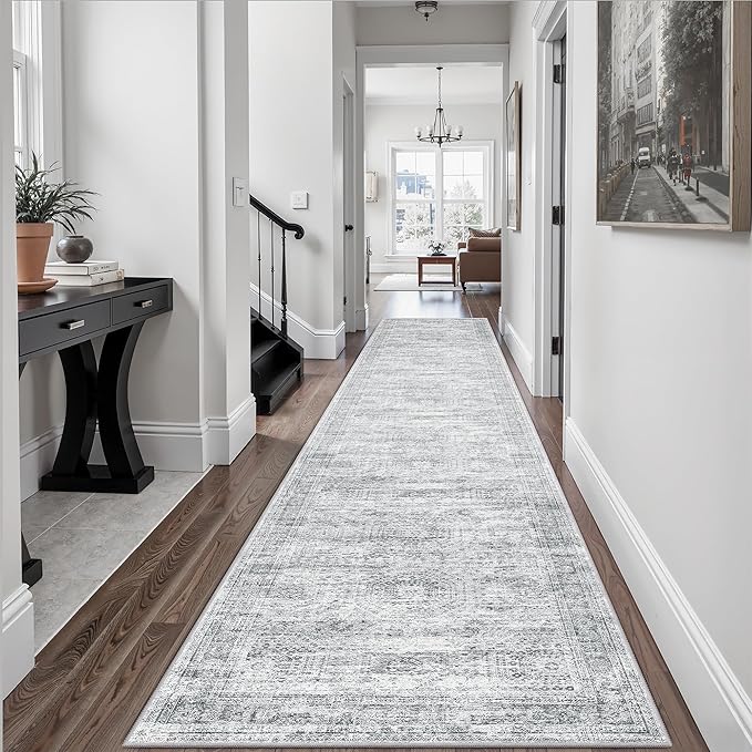 Runner Rug 2'6" x 14' Washable Non-Slip Runner Rugs for Kitchen Bathroom Laundry Room Vintage Ultra Thin Runners for Hallway Entryway Grey