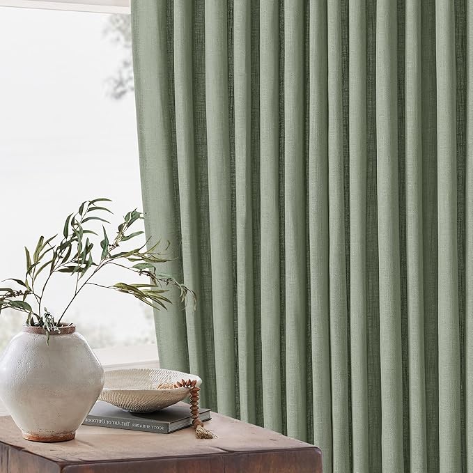 Sage Green Pinch Pleated Linen Cafe Curtains 45 Inch Length 2 Panels for Dining Room Kitchen Bedroom Semi Sheer Pleat Drapes with Hooks Rings Light Filtering Short Window Curtain Cabinet 40x45