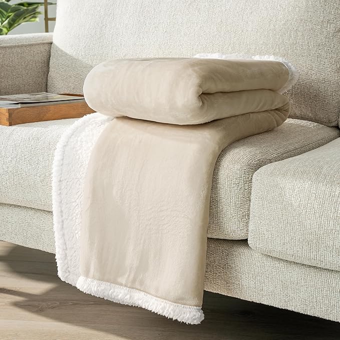 PAVILIA Sherpa Fleece Throw Blanket for Couch, Cream Beige, Plush Soft Fuzzy Sofa Blanket, Cozy Reversible Winter Throw for Women Men, 50x60 Inches