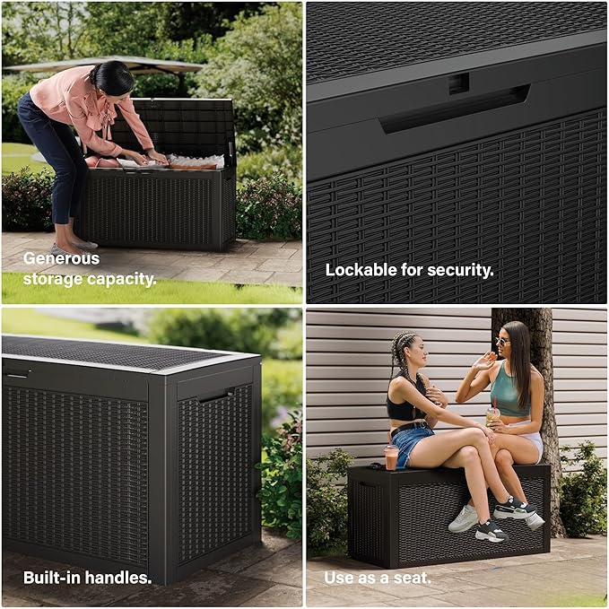 Outdoor Storage Box Waterproof, 200 Gallon Lockable Resin Large Deck Box, Patio Storage Bin for Pool Accessories Cushion Furniture, Garden Tools, UV-Resistant Outside Delivery, Black