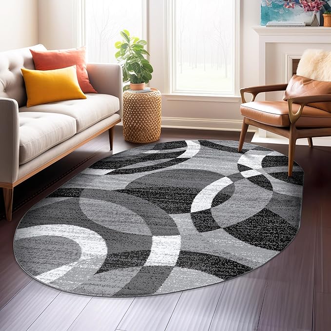 Rugshop Gray Modern Geometric Oval Rug, Abstract Circles, High-Traffic, Non-Shedding, for Living Room, Bedroom and Home Office, 5' x 7' Oval