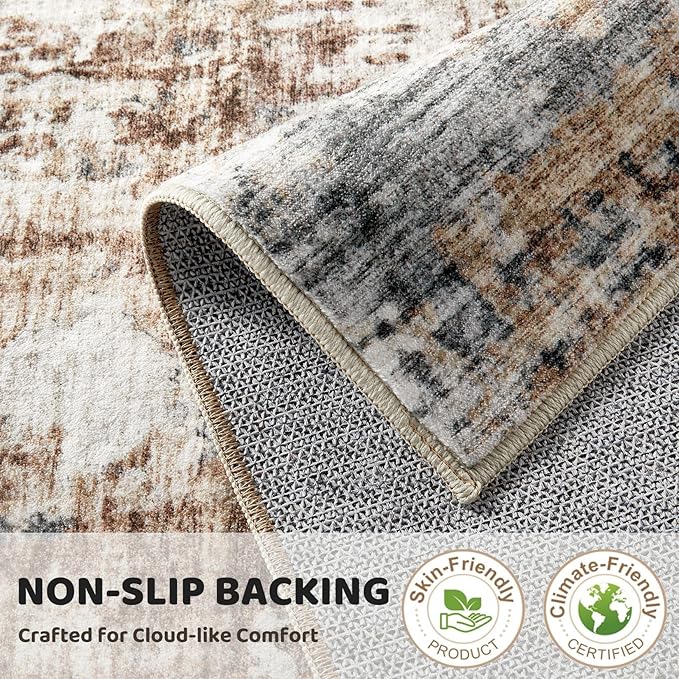 3x10 Washable Runner Rug for Hallway: Soft Neutral Modern Abstract Low Pile Rug Indoor - Carpet for Bedroom Dining Room Kitchen Entryway - Grey Brown