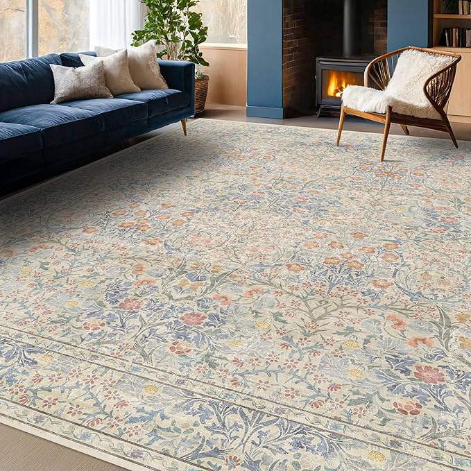 Washable Light Blue Non Slip Bedroom Rug, 8x12 Large Area Rug for Living Room, Dining Room Under Table, Low Pile & Soft Stain Resistant Carpet - Forset Floral Design