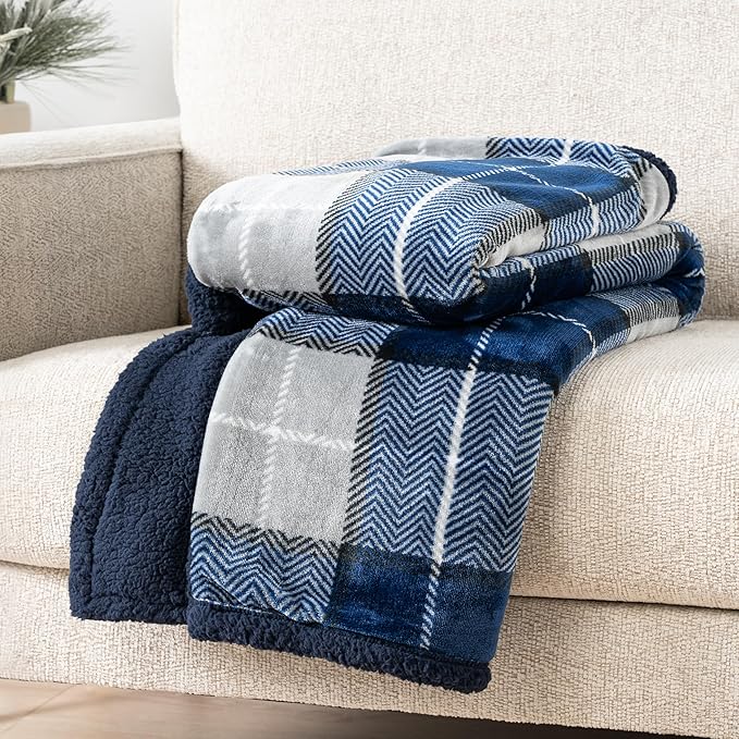 PAVILIA Blue Navy Plaid Sherpa Throw Blanket for Couch Twin, Plush Flannel Fleece, Soft Fuzzy Cabin for Sofa Bed, Warm Cozy Winter Gift, 60x80