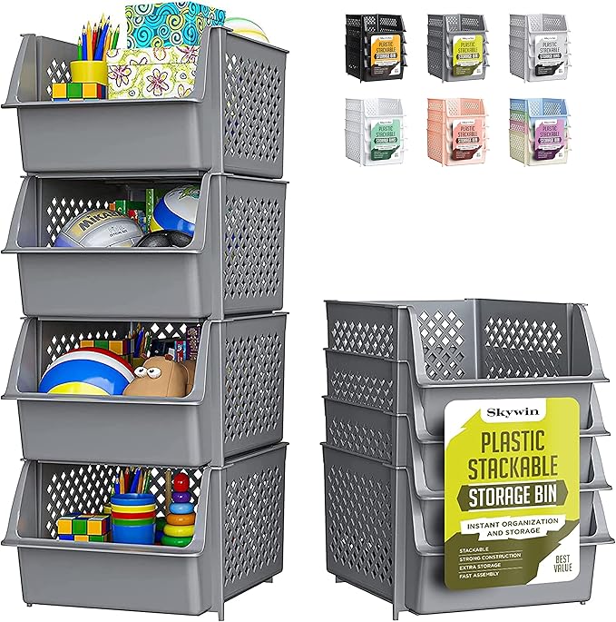 TidyFriend Plastic Stackable Storage Bins for Pantry, 4 Pack Stackable Bins For Organizing Food, Kitchen, and Bathroom Essentials (Grey)