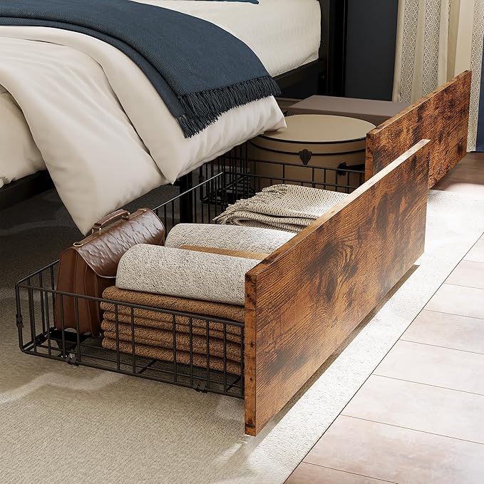 LIKIMIO California King Bed Frame with 4 Storage Drawers, Platform Bed with Charged Headboard, Sturdy and Stable, No Noise, No Box Spring Needed, Easy to Install, Vintage Brown and Gray