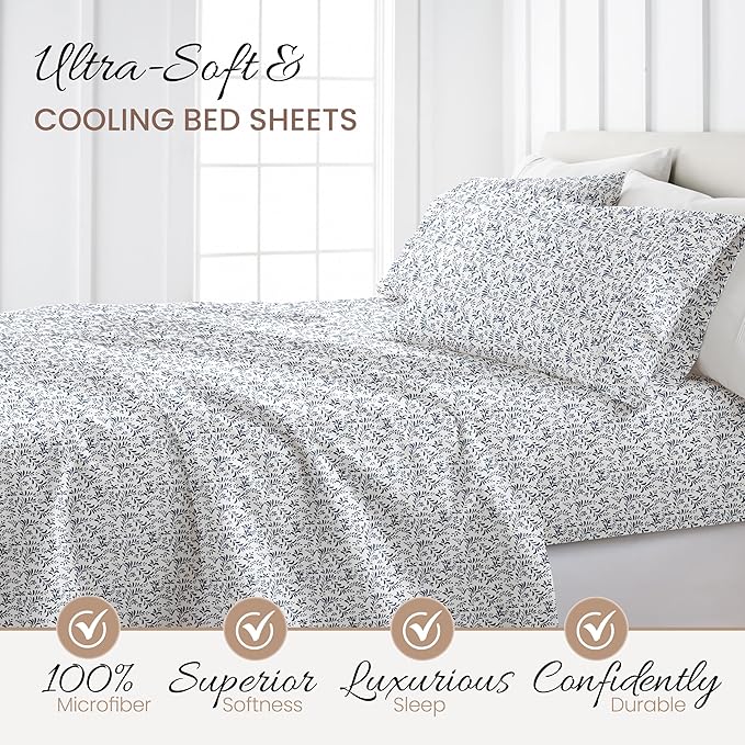 Linen Market 4 Piece King Sheet Set - Breathable, Double-Brushed Patterned Cooling Sheets – Oeko-TEX Certified Ultra Soft & Wrinkle-Free 16" Deep-Pocket King Sheets - Easy Care Burst of Vines Navy