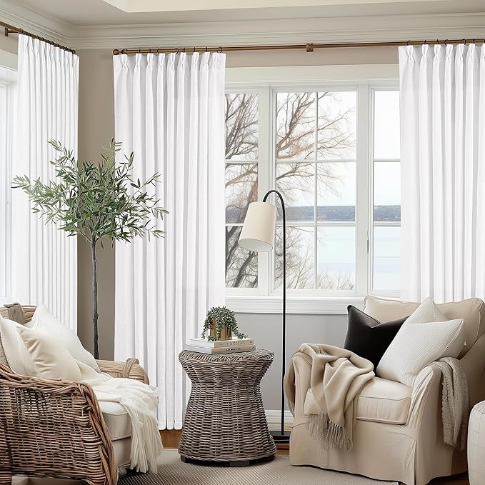 Extra Wide Pinch Pleated Linen Curtains 90 Inches Long 70 Inch Width for Living Room Bedroom Light Filtering White Semi Sheer Pleat Window Curtain Pinch Pleated Drape with Hooks Rings 1 Panel 70x90