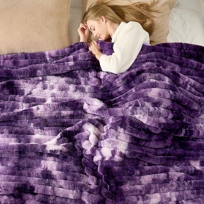 Cozy Bliss Faux Fur Throw Blanket for Couch, Cozy Warm Plush Striped Blanket for Sofa Bedroom Living Room, 90 * 90 Inches Tie-dye Purple