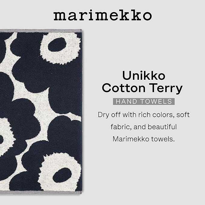 MARIMEKKO Unikko Terry Cotton Hand Towel (Dark Blue) – Floral Patterned Hand Towels – 28 in x 20 in