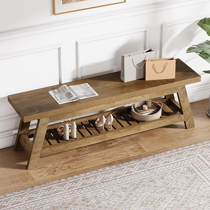 Tribesigns 55" Wood Entryway Bench with Shoe Storage, Large 2-Tier Narrow Hallway Foyer Seating Bench with Open Shelves for Entryway, Bedroom, Mudroom