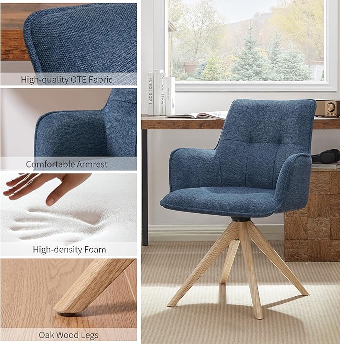 Art Leon Office Chairs Set of 2 - Mid Century Modern Desk Chair No Wheels, Fabric Upholstered Swivel Accent Chair with Oak Wood Legs, Blue