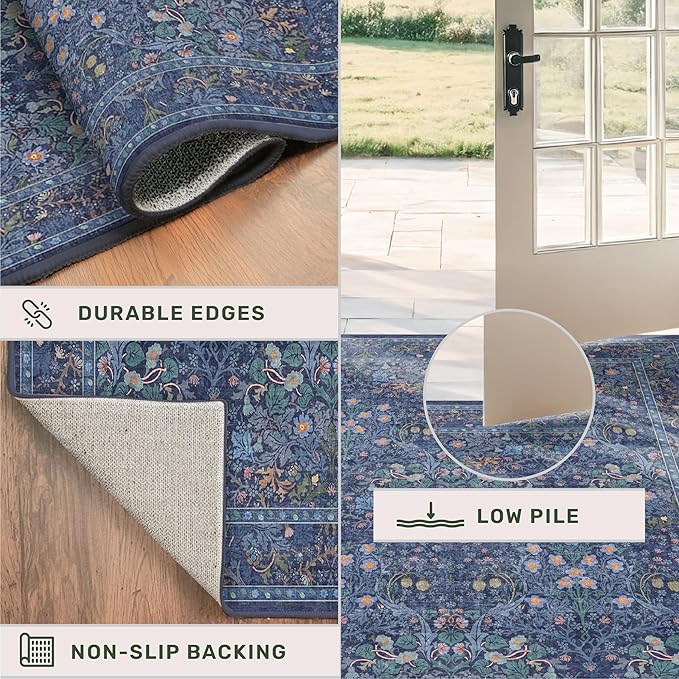 Navy Blue Washable 2x3 Entry Rug - Small Front Door Mats Indoor, Non-Slip Boho Bathroom Rugs, Vintage Dark Decor for Kitchen, Entryway