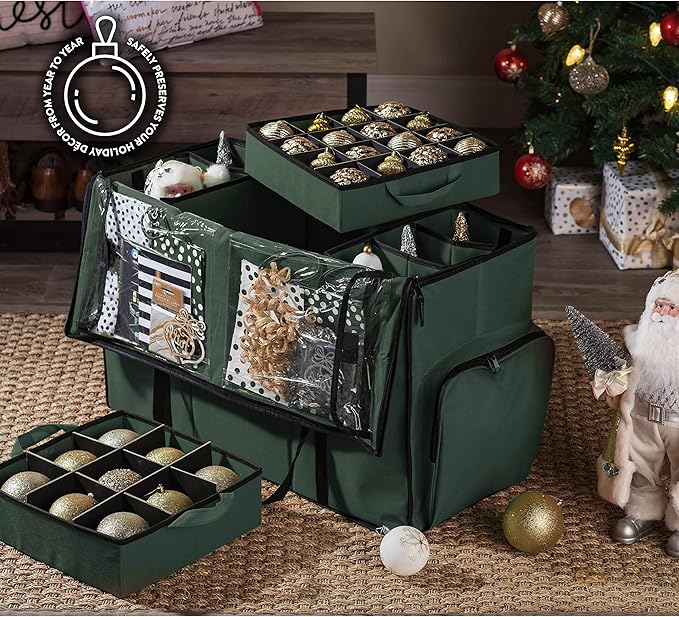 ZOBER All in One Christmas Ornament Storage Box & Decoration Container - Easy Access Removable Trays, Keeps 73 Ornaments - Adjustable Extent Area for Figurines and Pockets for Decoration - Green