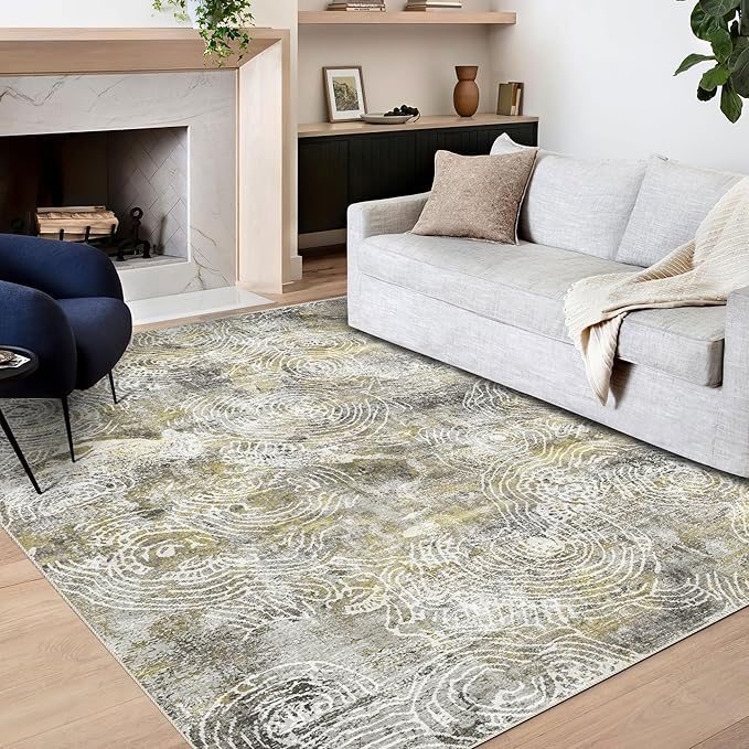 4x6 Rug, Small Area Rug for Living Room, Bedroom, Kitchen, Machine Washable Non-Slip Throw Rug, Modern Abstract Carpet for Entryway Nursery Coffee Table - Durable (Mustard)