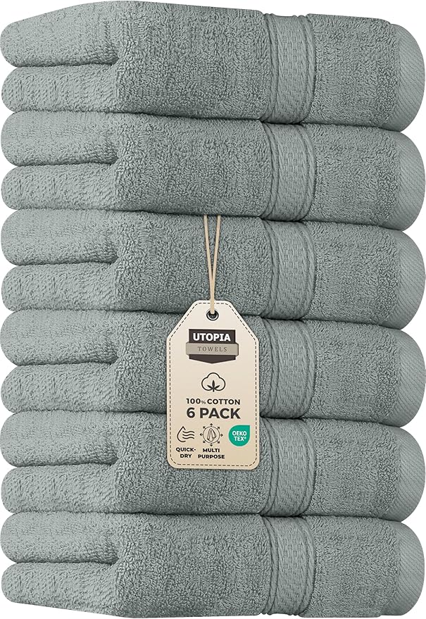 Utopia Towels 6 Pack Premium Hand Towels Set, 16 by 28 inches, 100% Ring Spun Cotton, Ultra Soft and Highly Absorbent 600GSM Towels for Bathroom, Gym, Shower, Hotel, and Spa, Cool Grey
