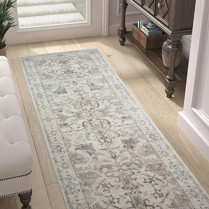 jinchan Runner Rug 2x5 Machine Washable Hallway - Vintage Floral Non-Slip Low-Pile Soft Ultra-Thin Kitchen Rug Distressed Carpet Runner for Farmhouse Bedroom Entryway Laundry Room(2x5ft, Taupe)