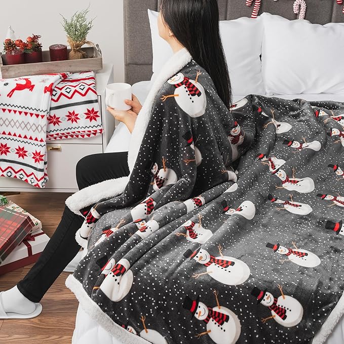 PAVILIA Premium Christmas Sherpa Throw Blanket, 50x60, Grey Snowman Cozy Fleece Holiday Blanket, Reversible Plush Winter Throw for Couch & Bed, Ultra Soft Warm