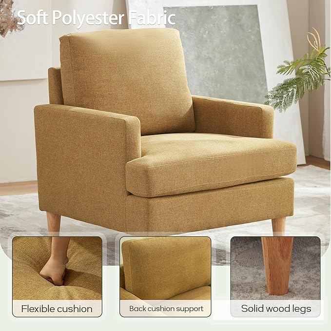 VKNOW Mid-Century Accent Chairs Set of 2, No Tools Assembly Required, Modern Upholstered Polyester Armchairs for Living Room & Bedroom, Comfortable Reading Chairs with Wood Legs, Yellow