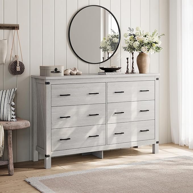 LINSY HOME Farmhouse 6 Drawer Double Dresser for Bedroom, 53” Wide Rustic Wood Chest with Deep Drawers, Modern Dressers with Storage and Metal Handles for Closet, Living Room, Hallway, Wash Grey