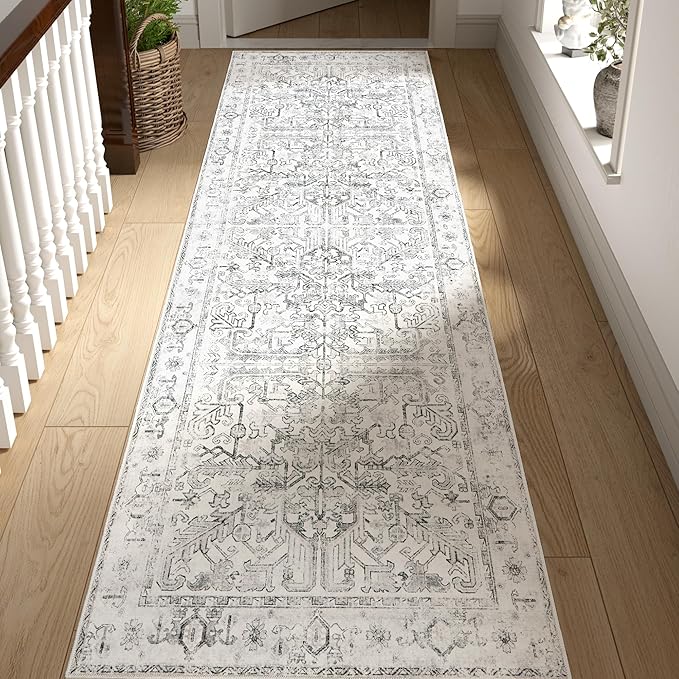 jinchan Lima Hallway Runner Rug 2x10 - Kitchen Washable Rug Floral Runner Non Slip with Rubber Backing Ultra-Thin Vintage Carpet for Bedroom Laundry Room Living Room (2x10ft, Grey)