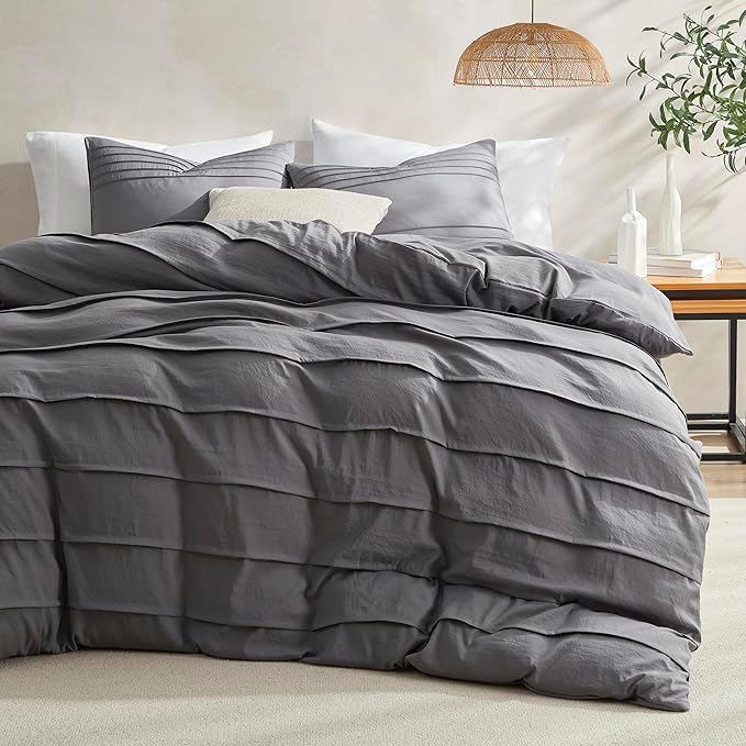 Oli Anderson Grey Duvet Cover King Size - Pleated King Duvet Cover, 3PCS Soft and Breathable Textured Bedding Set with Zipper Closure(Grey,104"x90")