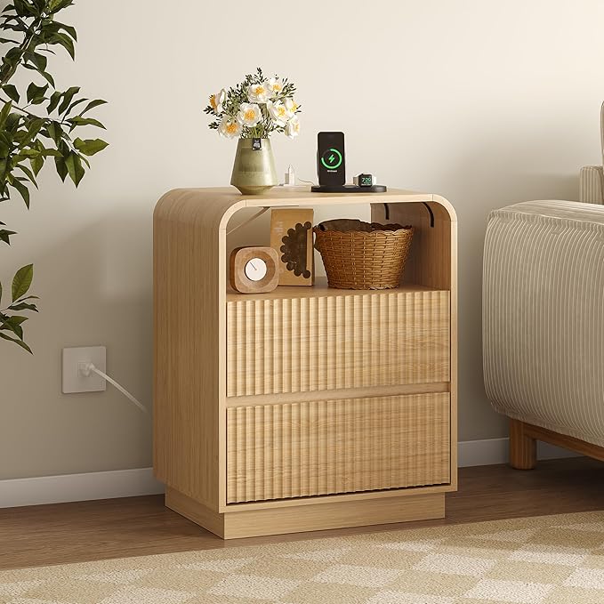 Dresser with 2 Drawers and Charging Station, Fluted Bedside Table with Round Curved Corner, Hidden Handles, 2 AC Outlets and 2 USB Ports, Modern Wood End Table with Open Shelf for Bedroom
