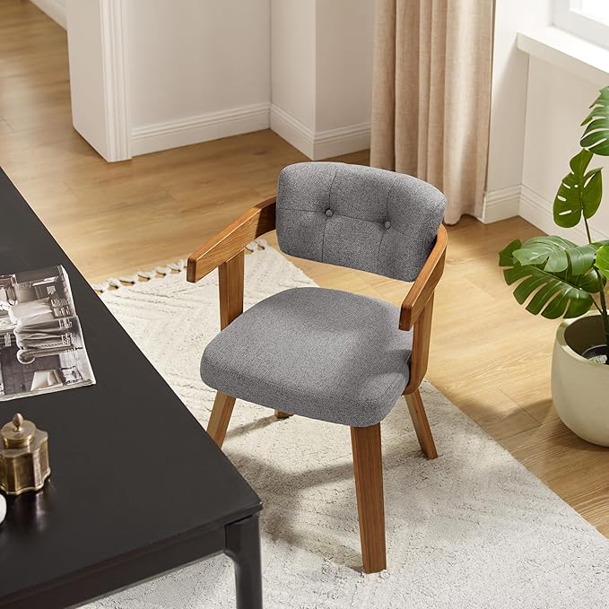 Art Leon Office Chair No Wheels - Mid Century Modern Chair, Fabric Upholstered Desk Chair Without Wheels, Accent Arm Chair with Wood Legs for Small Spaces Living Room Bedroom Study, Gray/Walnut