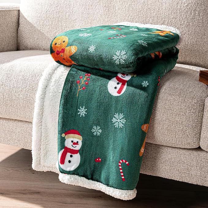 PAVILIA Green Christmas Sherpa Throw Blanket, Gingerbread Snowman Holiday Pattern, Soft Reversible Fleece & Sherpa 50x60 Winter Blanket for Couch & Bed, Cozy Christmas Decor