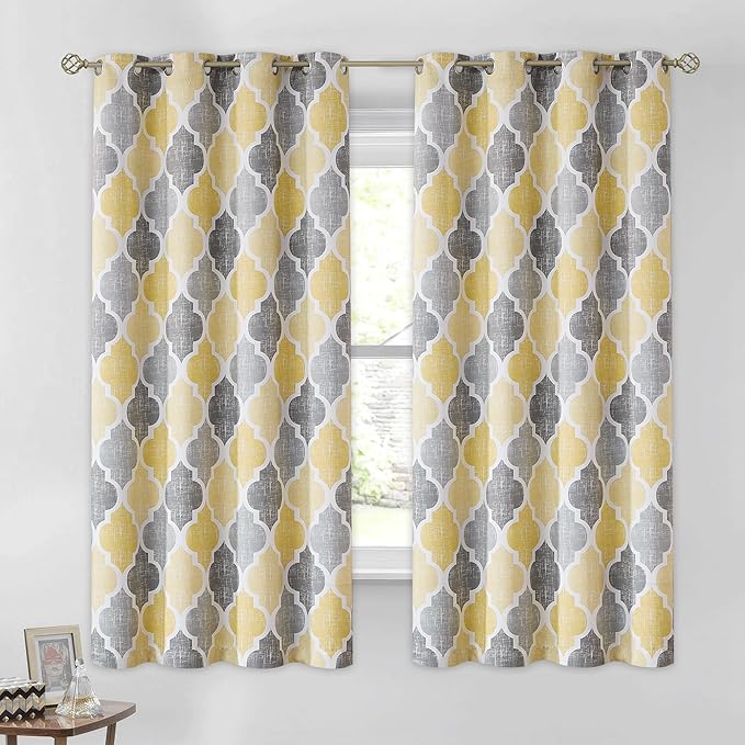 Beauoop 100% Blackout Curtains 45 Inches Long 2 Panels for Bedroom Living Room Yellow Grey Moroccan Geo Room Darkening Thermal Insulated Soundproof Grommet Top Window Treatments Drapes, 50x45 Set of 2