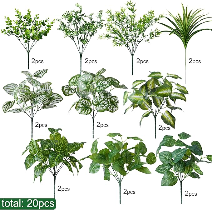 Artificial 20pcs Bunches Greenery Plants Fake Plastic Leaves with Stems UV Resistant Outside Faux Plants Bushes for Outdoor Patio Garden Front Porch Yard Decor