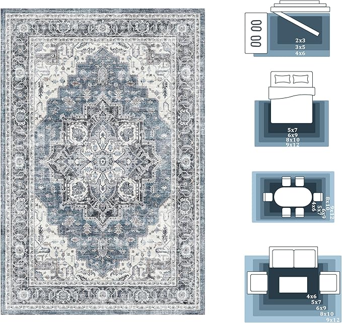 4x6 Area Rug for Bedroom Machine Washable Low Pile Vintage Distressed Rugs Stain Resistant Faux Wool Rug Ultra Soft Non-Slip Area Rugs for Living Room, Playroom, Kitchen,Home Office