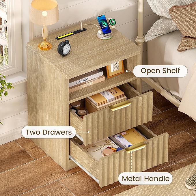 TEENFON Fluted Nightstands Set of 2, Night Stand with Charging Station and LED Light, Storage Drawer and Open Shelf, Modern Bedside Table for Small Space, for Bedroom, Natural