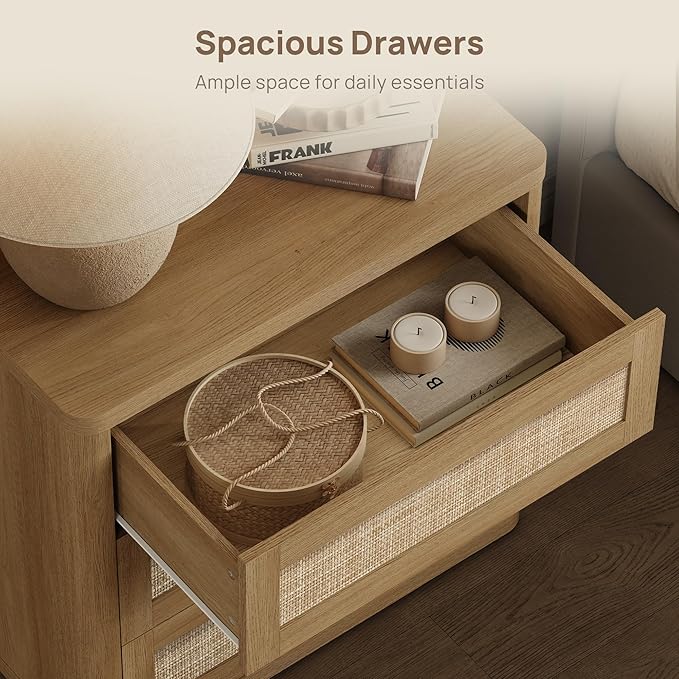 SICOTAS 26.8" Oversized Night Stand for Bedroom & Guest Room, Large 3-Drawer Rattan Nightstand, Boho Bedside Table End Table Storage Cabinet with Kid-Safe Rounded Edges & Push-Close Design, Amber Oak