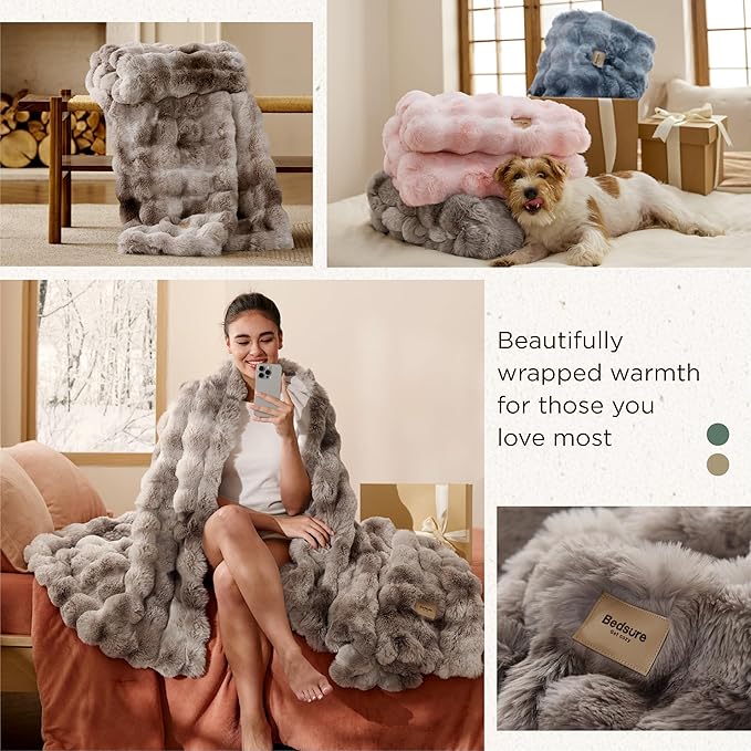 Bedsure GentleSoft Fluffy Faux Fur Blanket Twin Size, Fuzzy Soft Bubble Blanket for Couch, Faux Fur Decor for Bedroom Living Room, Thick Furry Cozy Gifts for Women, Tie-dye Brown, 60x80 Inch