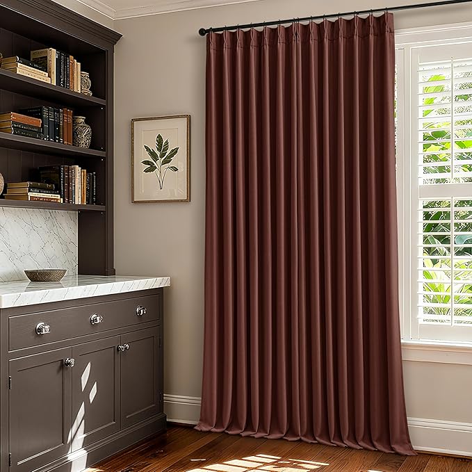 Chestnut Brown Pleated Linen Blackout Curtains 84 Inches Long for Bedroom Living Room Pinch Pleat Black Out Thermal Insulated Ring Hooks Back Tab Room Darkening Drapes Maroon Curtains with Liner