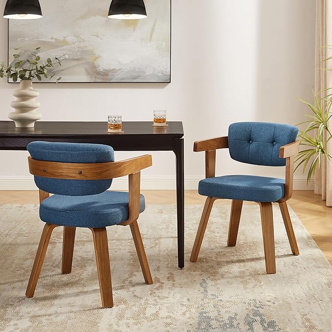 Art Leon Mid Century Modern Dining Chairs - Set of 2 Comfy Fabric Upholstered Swivel Dining Chairs Home Office Chair No Wheels Accent Arm Chair with Wood Legs for Kitchen Living Room Bedroom, Blue